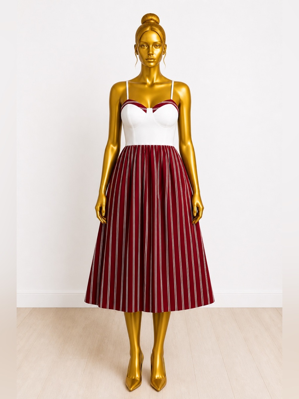 SHEIN White & Burgundy Striped Midi Dress